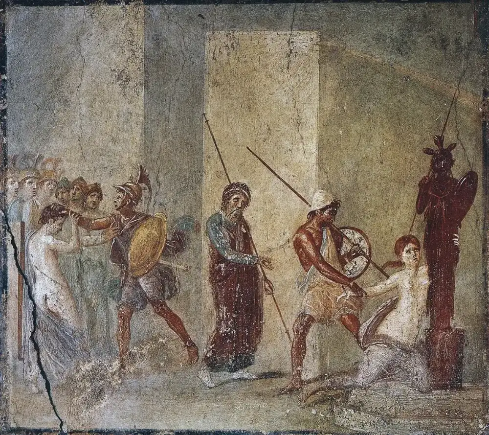 A faded wall painting: a warrior seizes a woman by a statue; other figures watch.