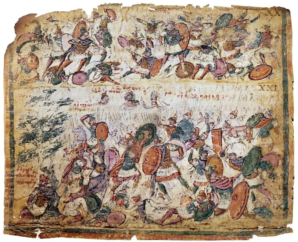 A damaged painted manuscript page crowded with warriors, horses and shields.