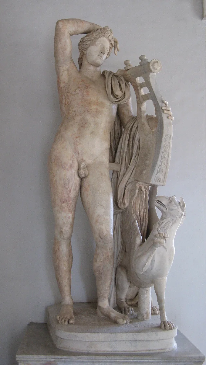 Marble statue of naked Apollo resting his raised arm on his head, a kithara at his side and a griffin at his feet.