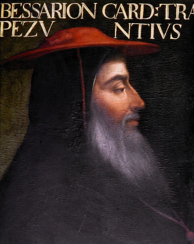 A painted profile portrait of a bearded cardinal in a red hat.