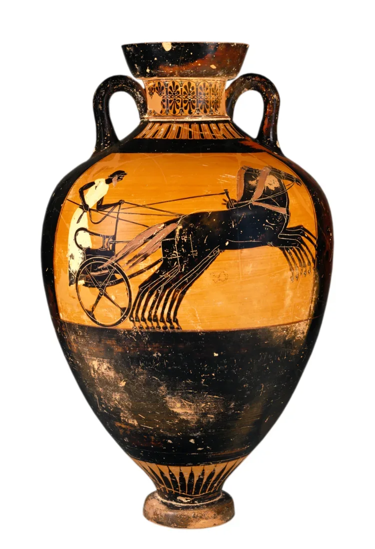 A black-figure amphora with a charioteer driving four galloping horses.