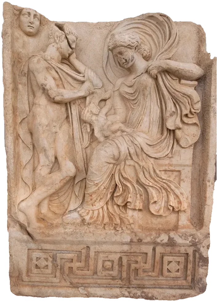 A marble relief of a seated man and a woman whose cloak billows over them, with a small winged figure.