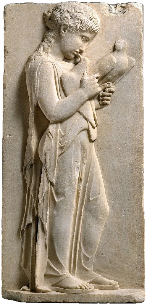 Marble relief of a girl holding two doves.