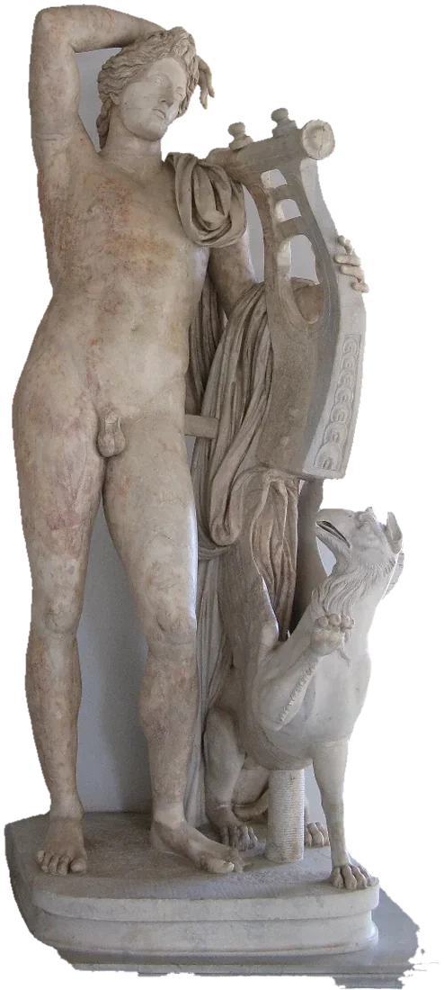 Marble statue of naked Apollo resting his raised arm on his head, a kithara at his side and a griffin at his feet.