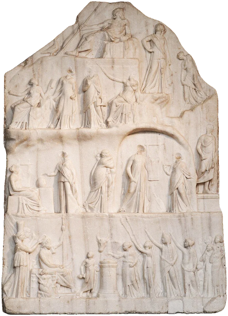 Marble relief in several tiers: figures on a mountain above, a seated figure receiving a procession below.