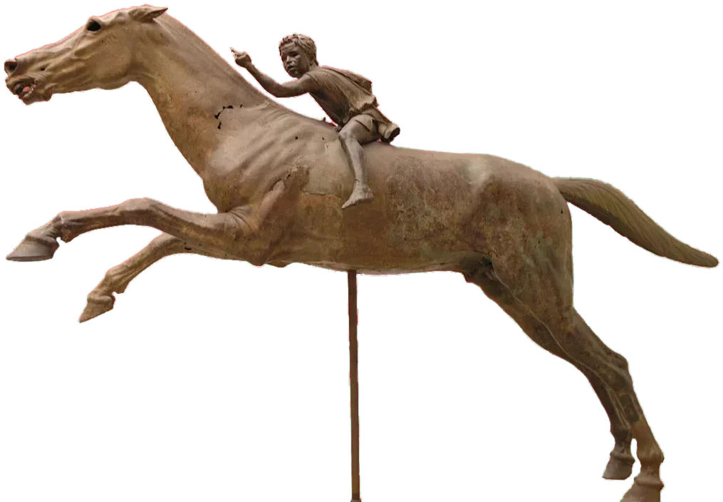 A bronze racehorse at full gallop with a small boy rider.