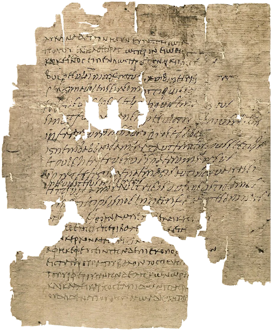 A damaged papyrus sheet with lines of Greek and Latin in a cursive hand.
