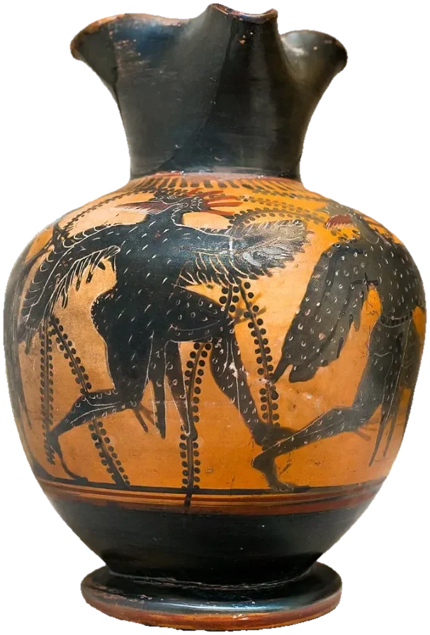 A black-figure jug: a piper and two dancers in bird costume.