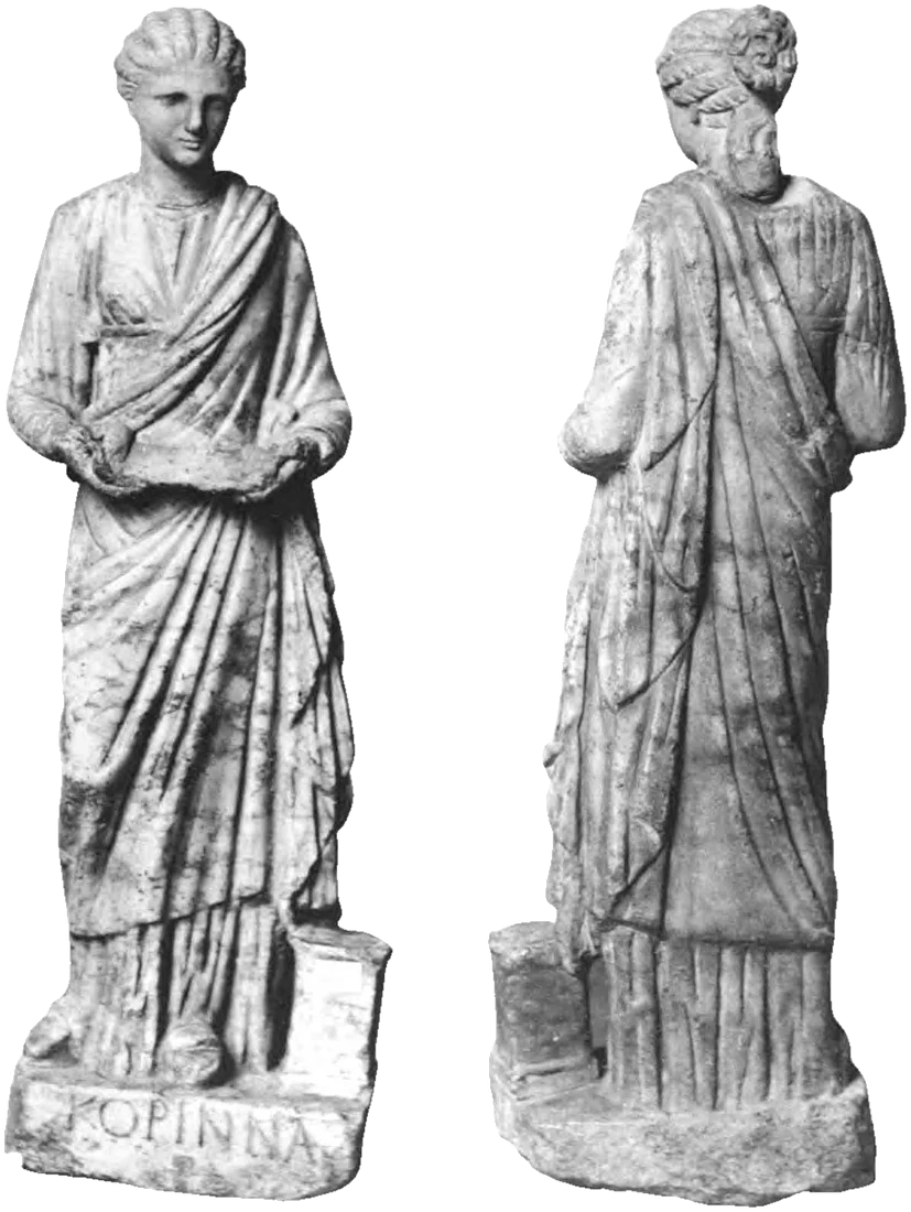 Front and back views of a marble statuette of a draped woman; the base is inscribed ΚΟΡΙΝΝΑ.