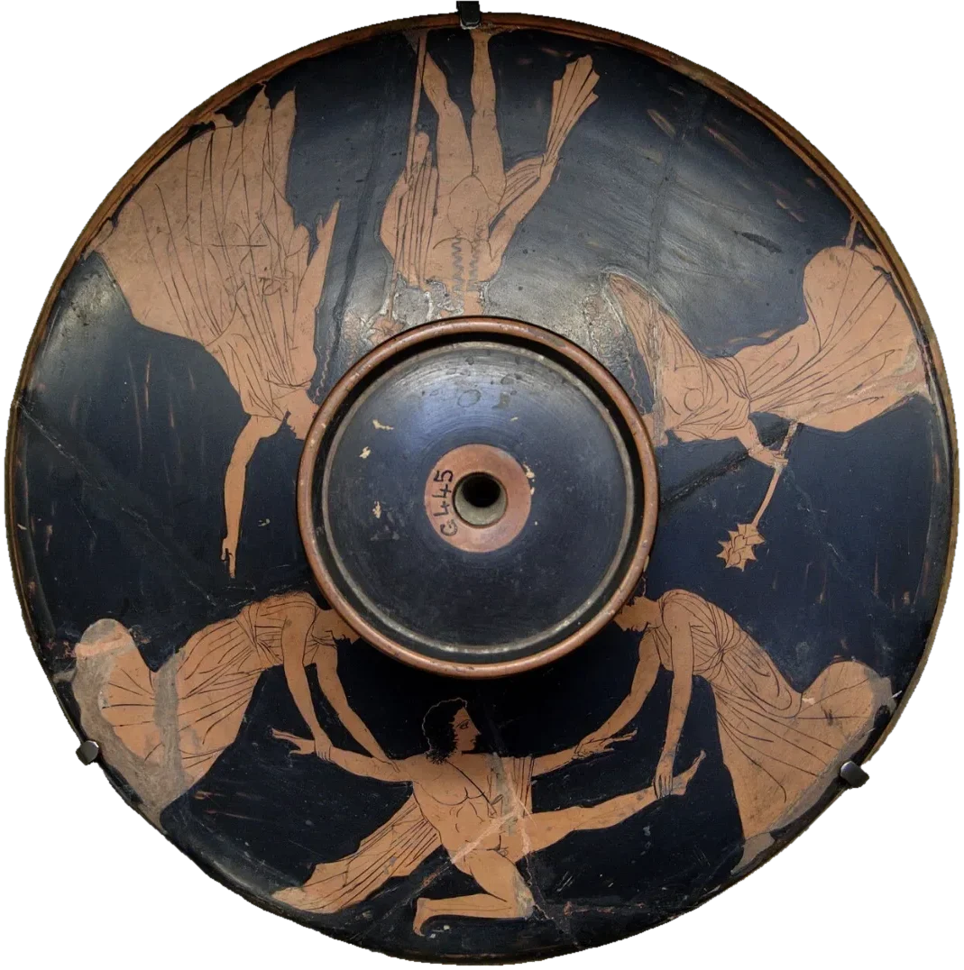 A round lid painted with women pulling apart a man's body.