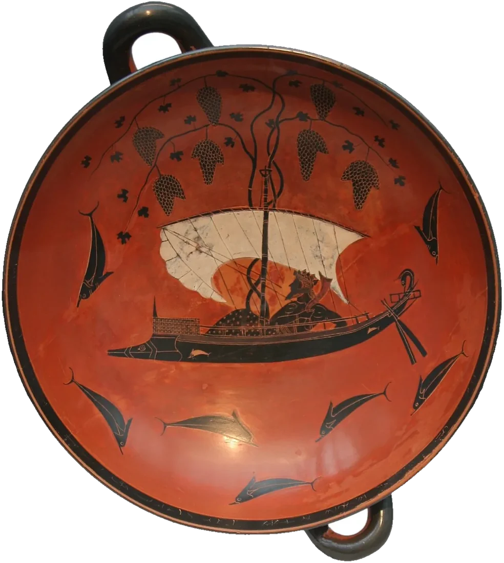 Interior of a black-figure cup: Dionysus reclines in a ship whose mast sprouts vines, dolphins leaping round it.
