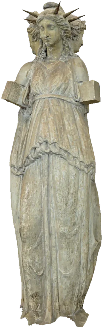 Marble statue of a goddess in triple form, three draped figures back to back, crowned.