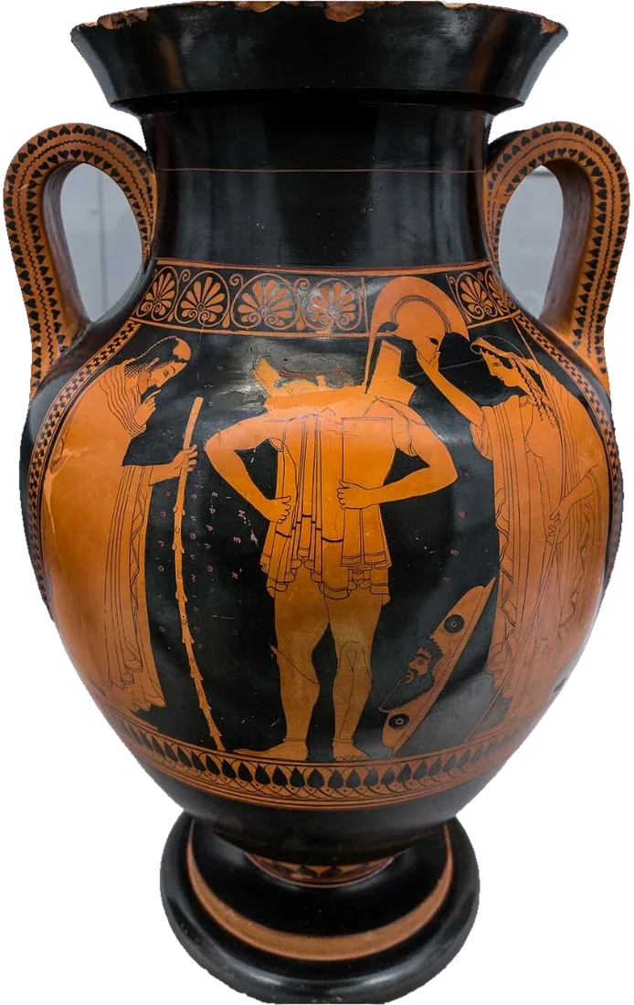 A red-figure amphora: a young warrior fastening his armour between an old man with a staff and a woman.