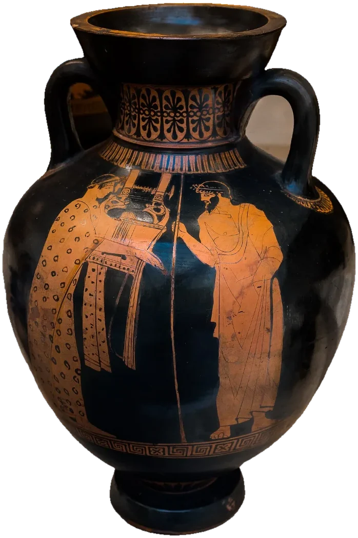Red-figure amphora: a young kithara-player in a long embroidered robe stands before a bearded man holding a staff.