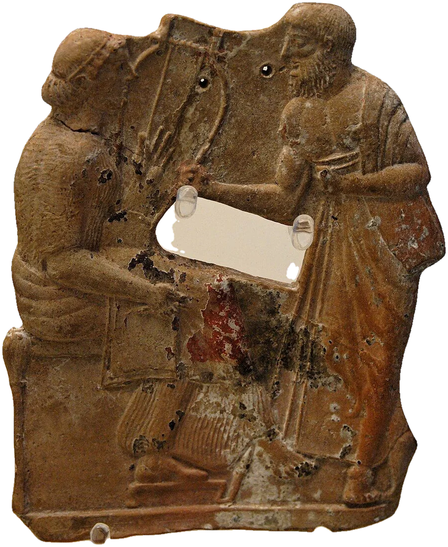 Painted terracotta relief: a seated figure holding a barbitos faces a standing figure.