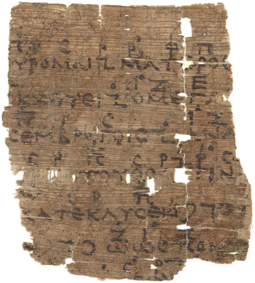 Small papyrus fragment with seven lines of Greek text and musical signs above them.