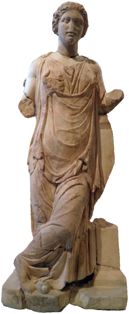 Marble statuette of a draped young woman standing, one arm extended.
