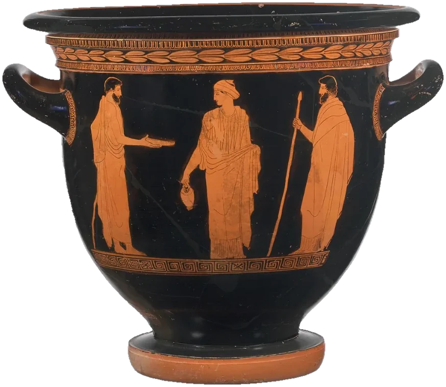 Red-figure mixing bowl: a young woman rises from the ground while Hermes and Hecate with torches lead her up.