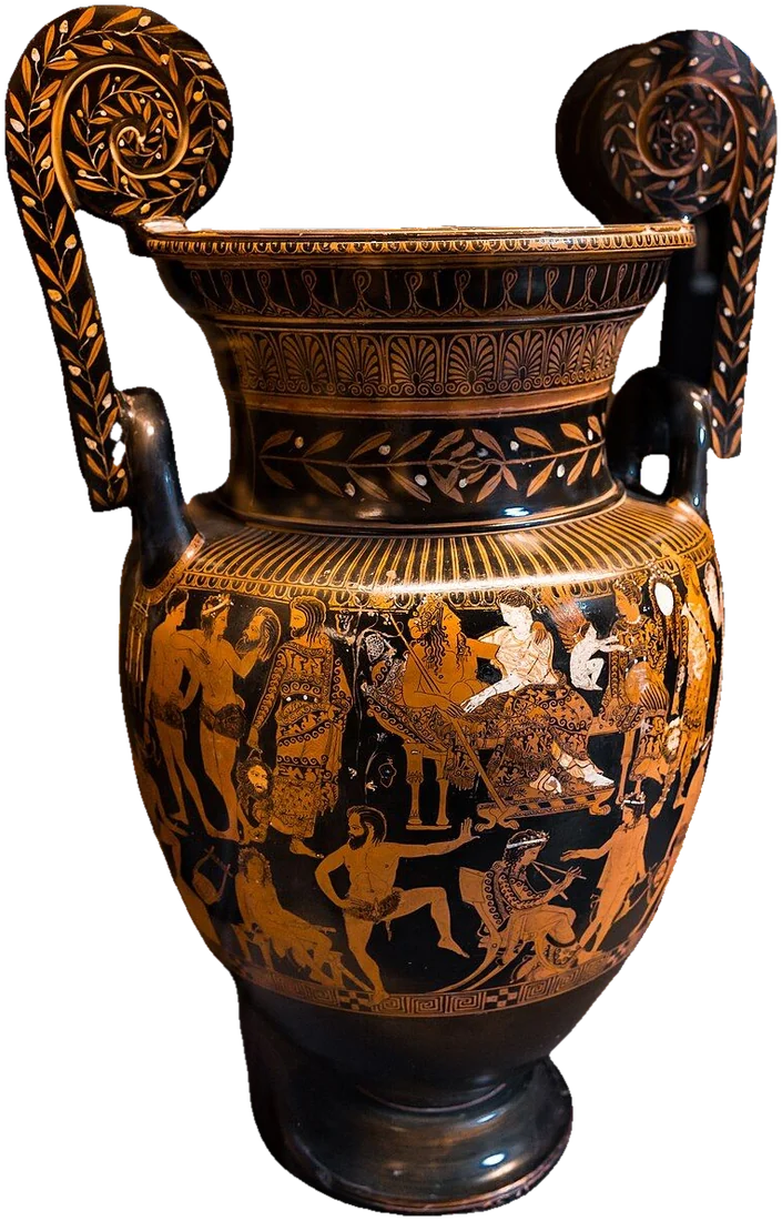 Large red-figure volute-krater covered with figures of actors in costume, some holding masks.