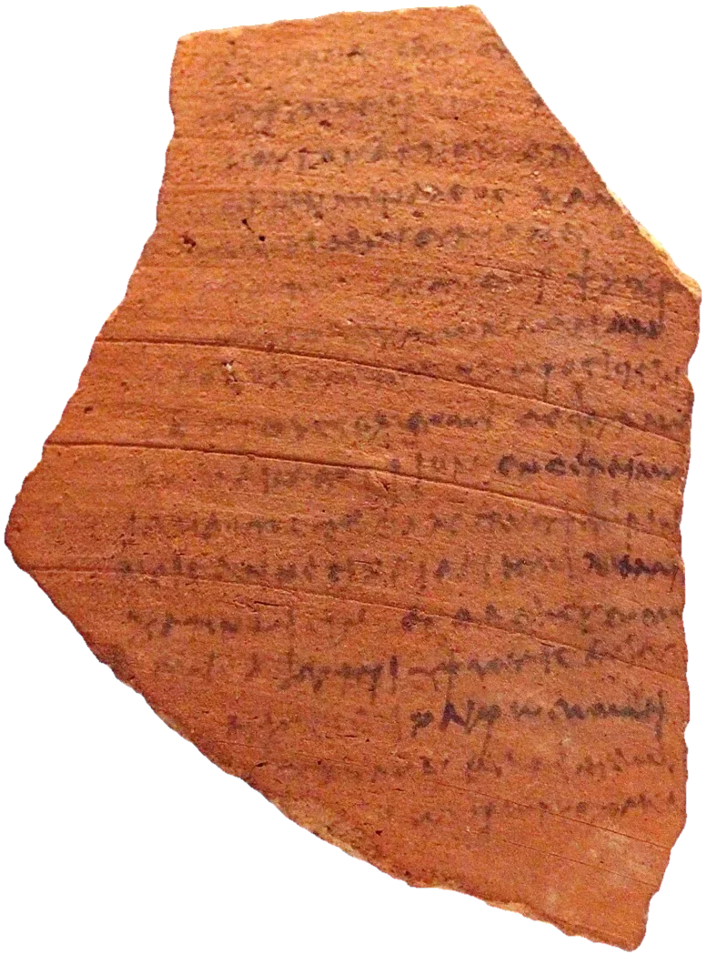 A reddish potsherd covered with lines of faded Greek handwriting.