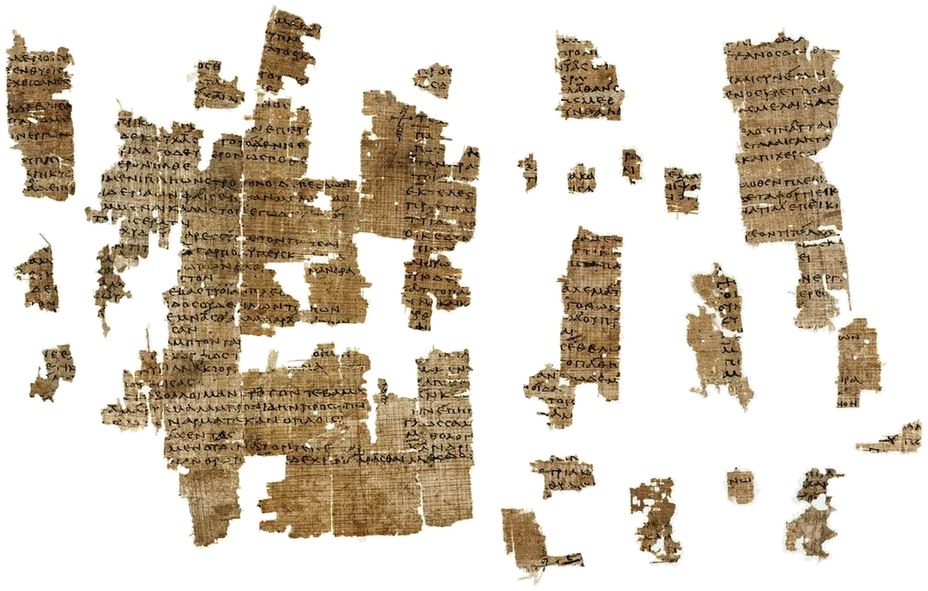 Several brown papyrus fragments with Greek text, mounted side by side.