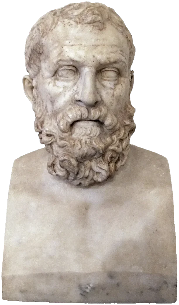 A marble bust of a bearded man.