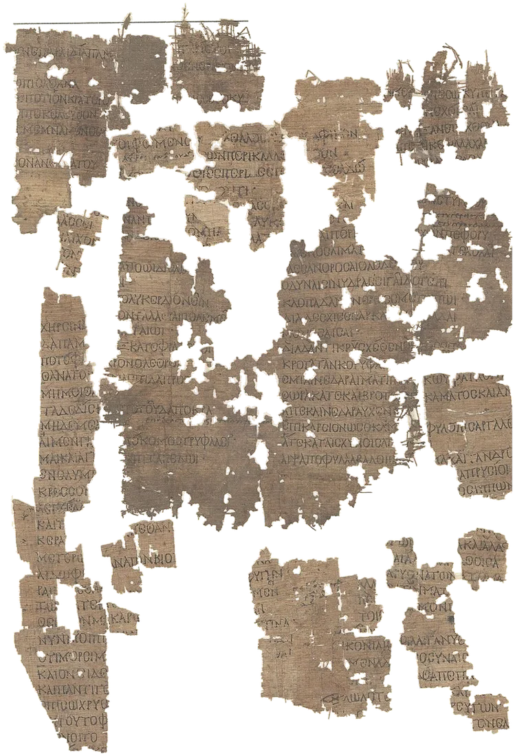 Many small papyrus fragments with Greek text, mounted together.