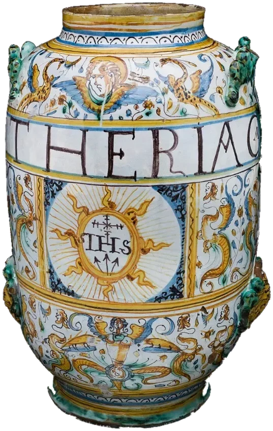 A painted ceramic jar inscribed THERIAC.
