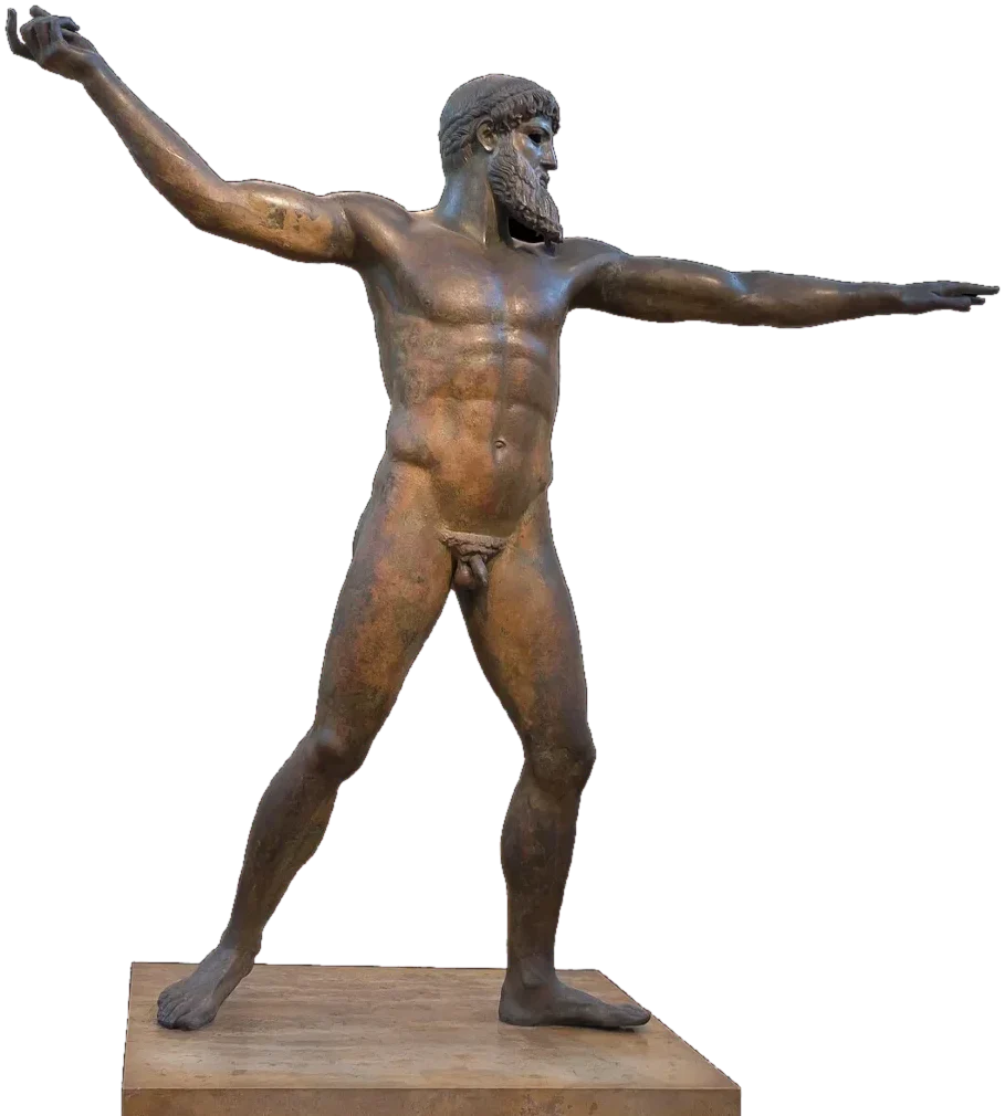 A bronze statue of a bearded god, striding, with one arm stretched forward ready to throw.
