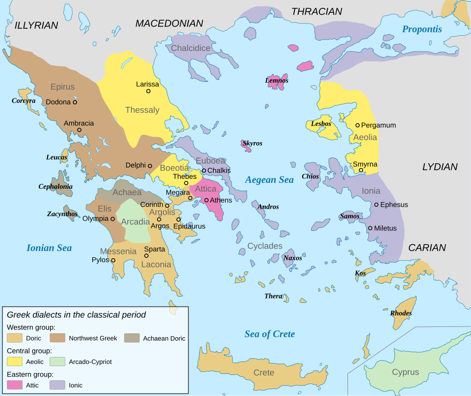 Map of Greece, the Aegean and western Asia Minor, coloured by dialect group.