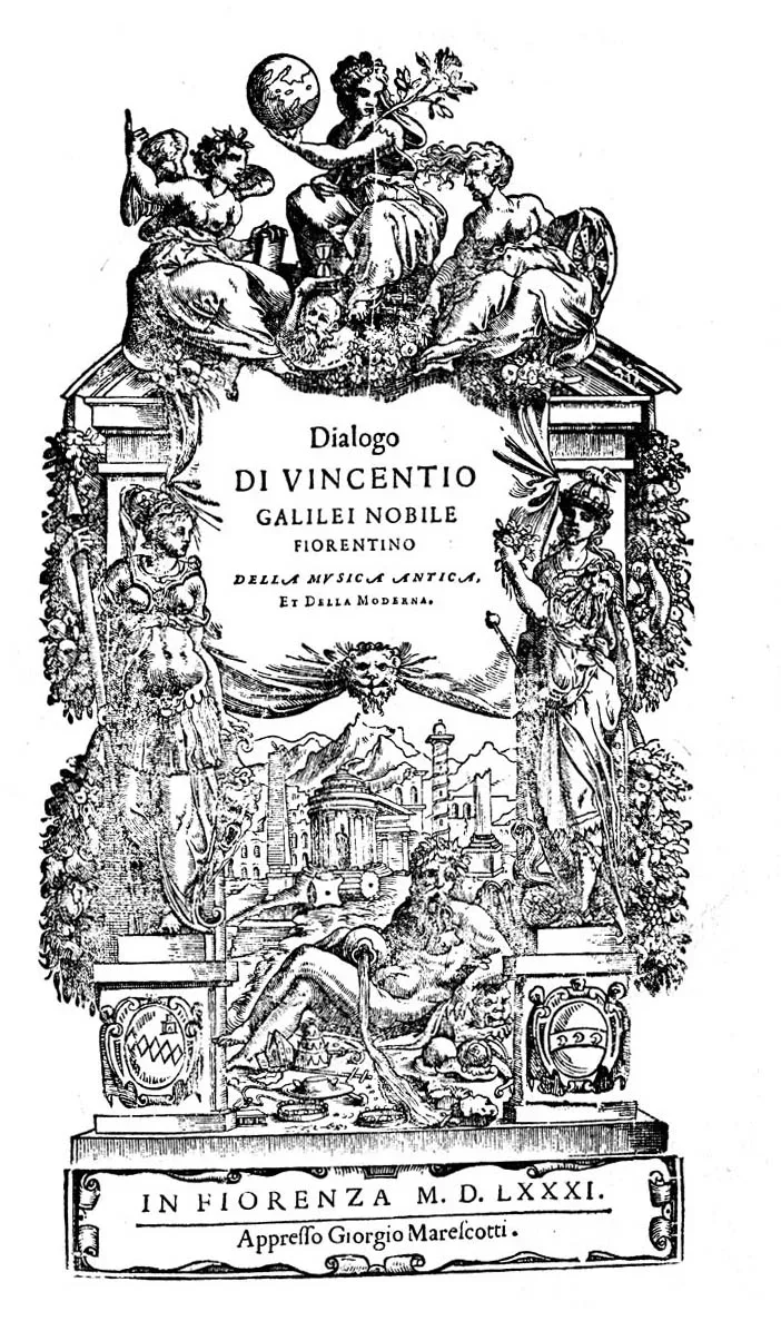 An engraved title page: a frame of columns, garlands and allegorical figures around the words Dialogo di Vincentio Galilei nobile fiorentino della musica antica et della moderna, and below, In Fiorenza M.D.LXXXI.