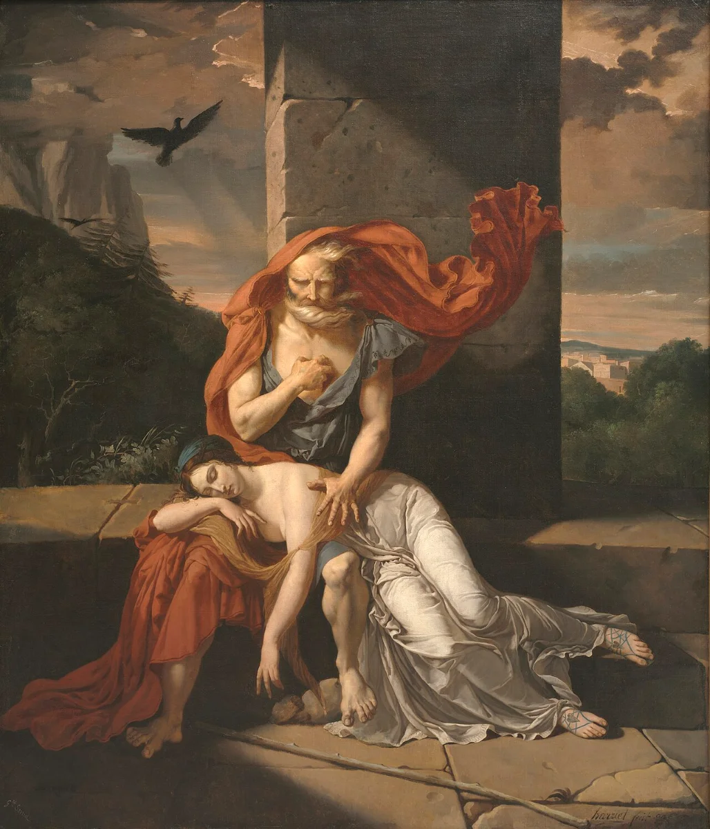 Painting: blind old Oedipus, in a red cloak, shields his daughter Antigone, who lies collapsed against him, under a stormy sky.
