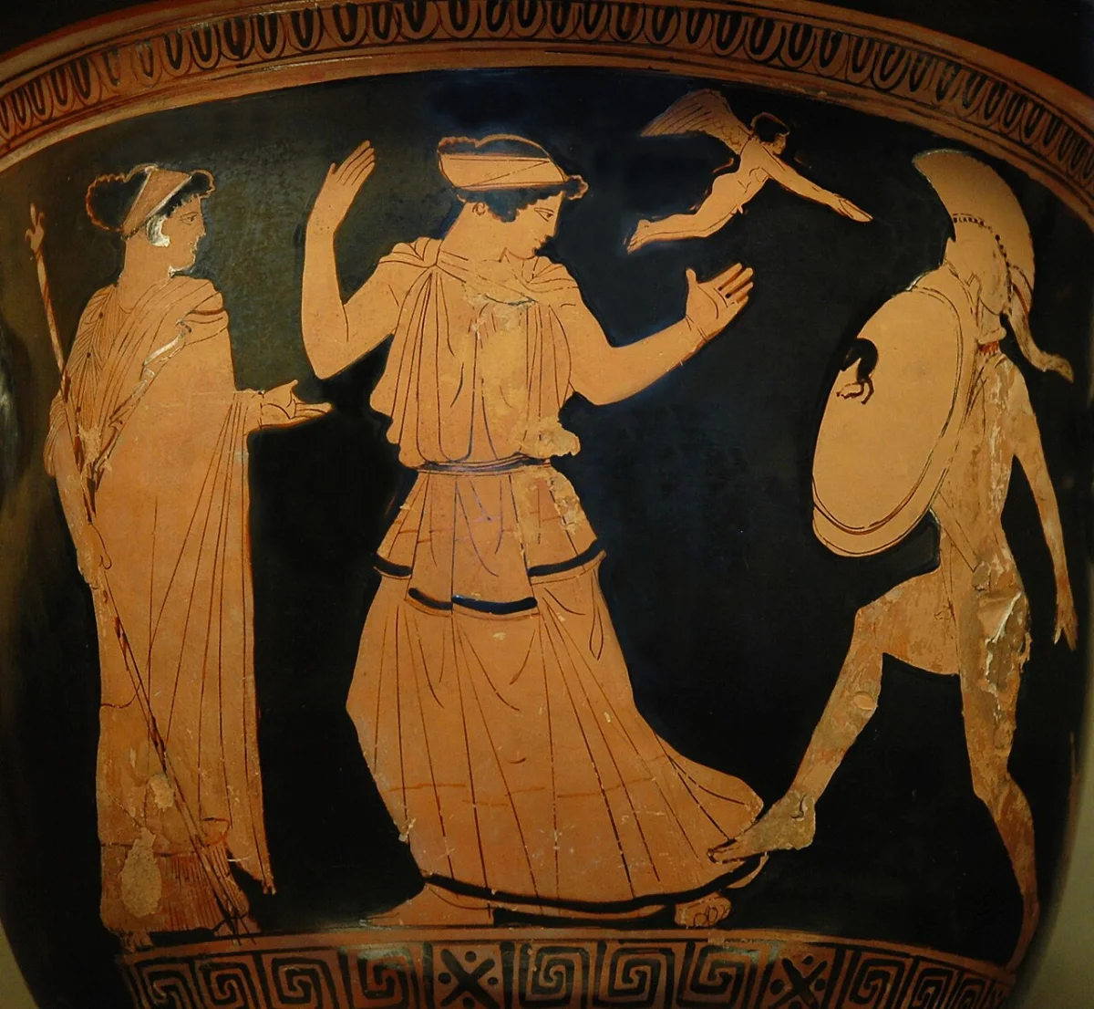 Red-figure krater: Menelaus, sword dropping, faces Helen, as Eros flies between them and Aphrodite watches.