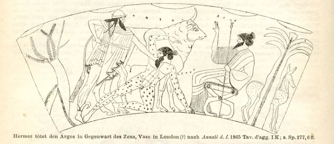 A line drawing from a vase: a god attacks a giant covered in eyes beside a heifer.