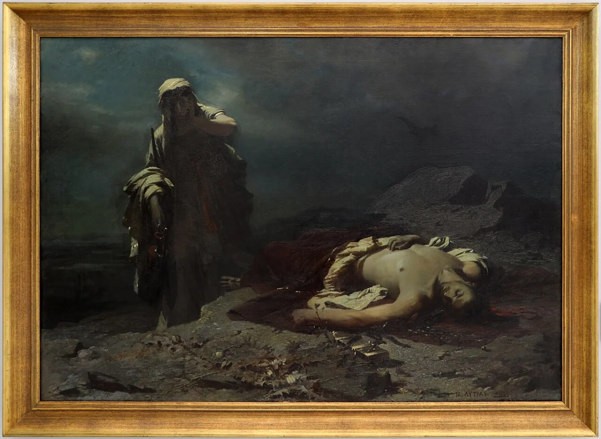 Oil painting: a veiled woman stands at dusk over the naked body of a dead young man on stony ground.