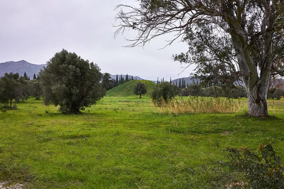 A low grassy mound among olive and eucalyptus trees on a plain.