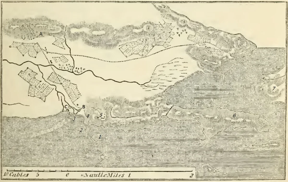 An engraved plan of a coastal plain with the town of Megara, its port Nisaea and the island of Minoa.