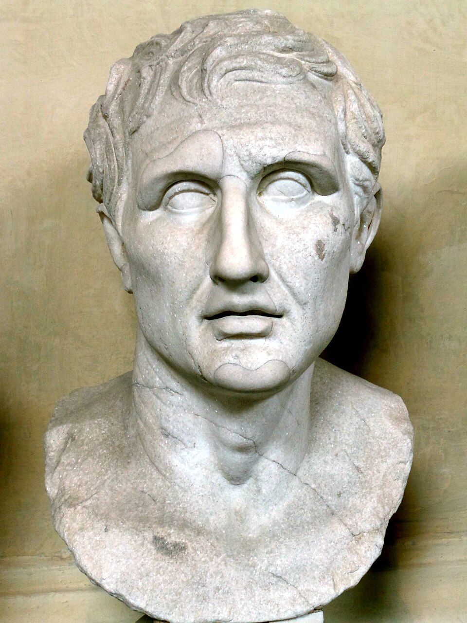 Marble portrait head of a clean-shaven man.