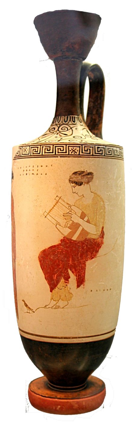 White-ground oil flask: a seated woman plays a lyre; the rock beneath her is inscribed.