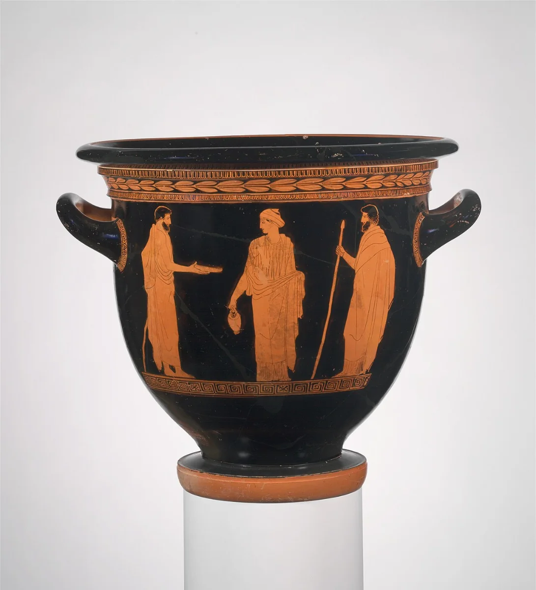 Red-figure mixing bowl: a young woman rises from the ground while Hermes and Hecate with torches lead her up.