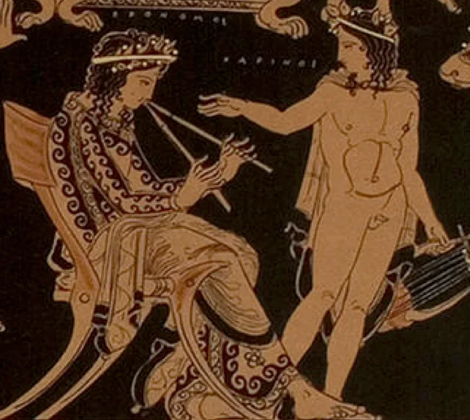 Engraving of a vase painting: a seated piper in an embroidered robe plays the double pipes; a naked youth with a lyre stands before him.