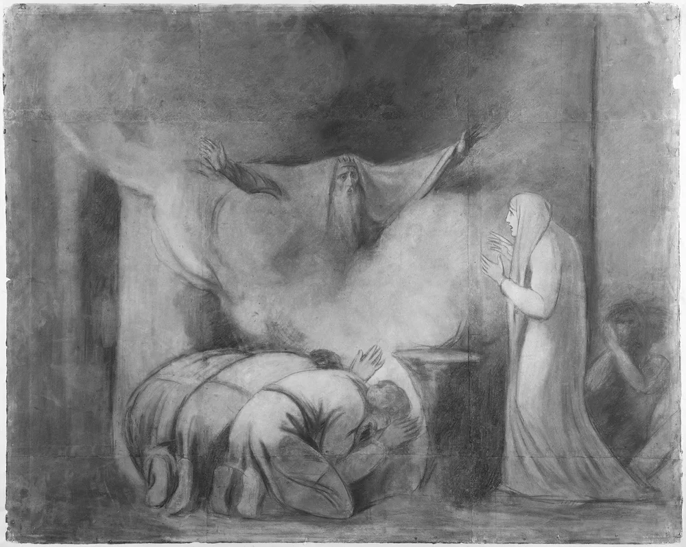 Grey wash drawing: a tall ghostly figure rises above kneeling figures before a woman who raises her hands.