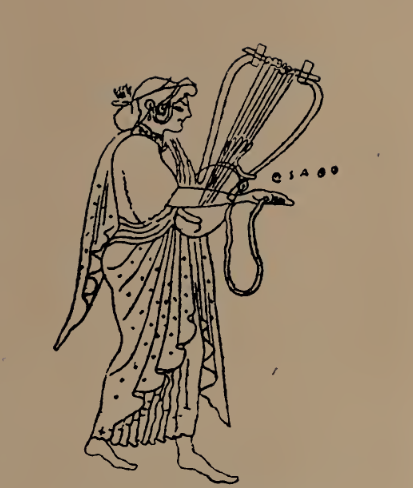Line drawing of a woman in a long robe holding a barbitos.