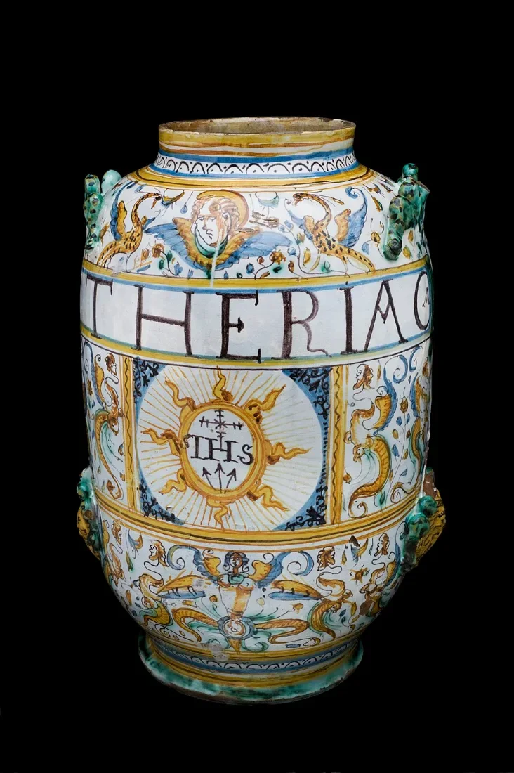 A painted ceramic jar inscribed THERIAC.