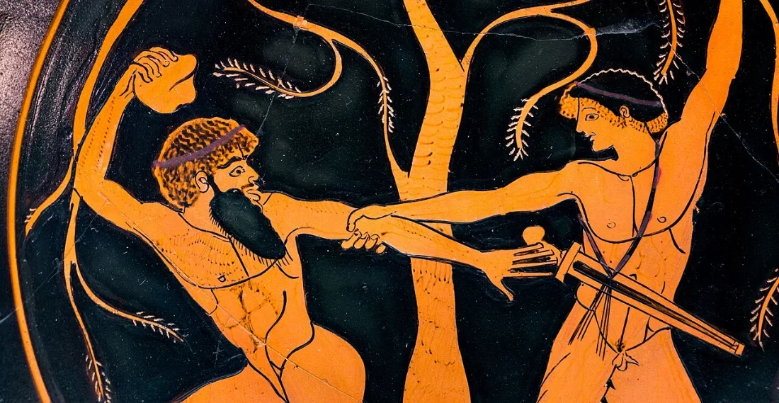 A round cup painting: a young man bends down a pine tree and grips the arm of a bearded man.