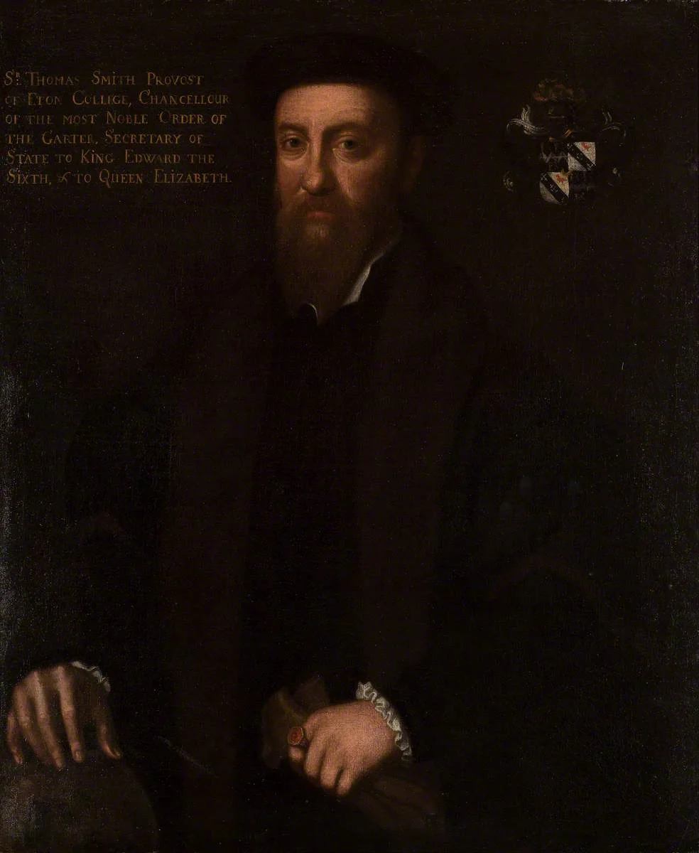 Dark painted portrait of a bearded man in black with a long inscription at the upper left.