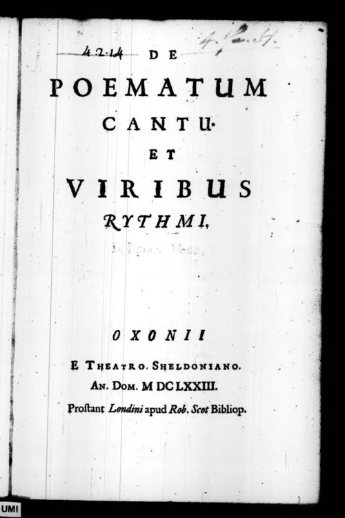 A printed Latin title page: DE POEMATUM CANTU ET VIRIBUS RYTHMI, OXONII, E THEATRO SHELDONIANO, 1673.