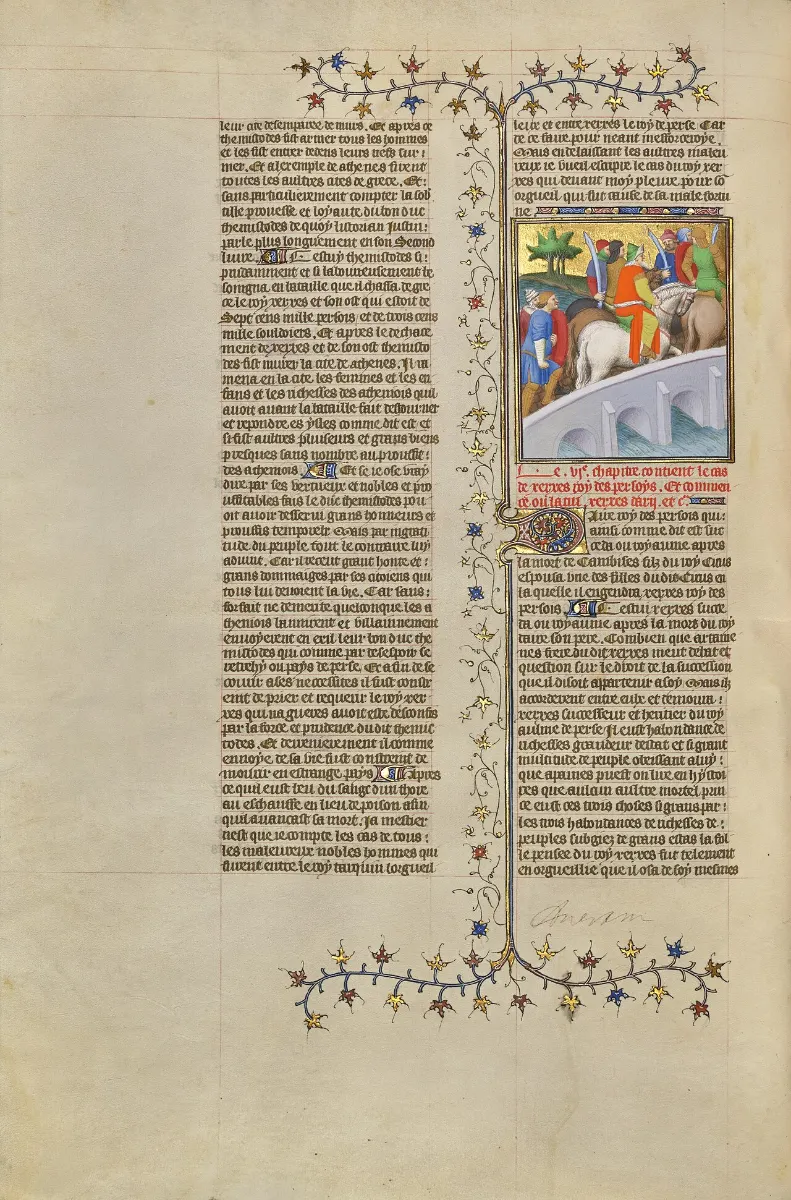 A page of a French manuscript in two columns; a small painting shows a king and armoured horsemen crossing a bridge.